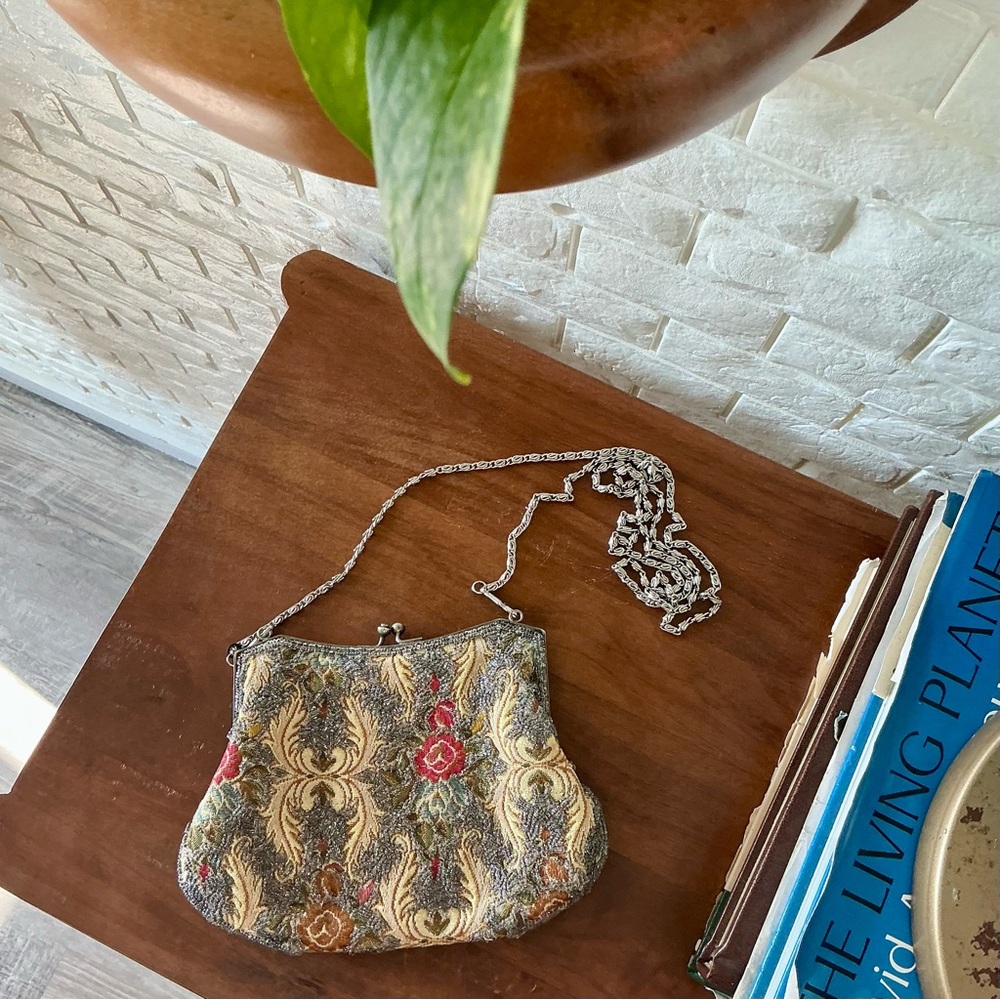 SOLD 1930s 40s French Tapestry Petit Point Victorian Floral Purse Snap Close